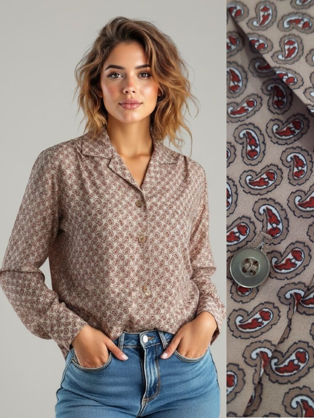 Vtg 70s mini paisley button down - Tan